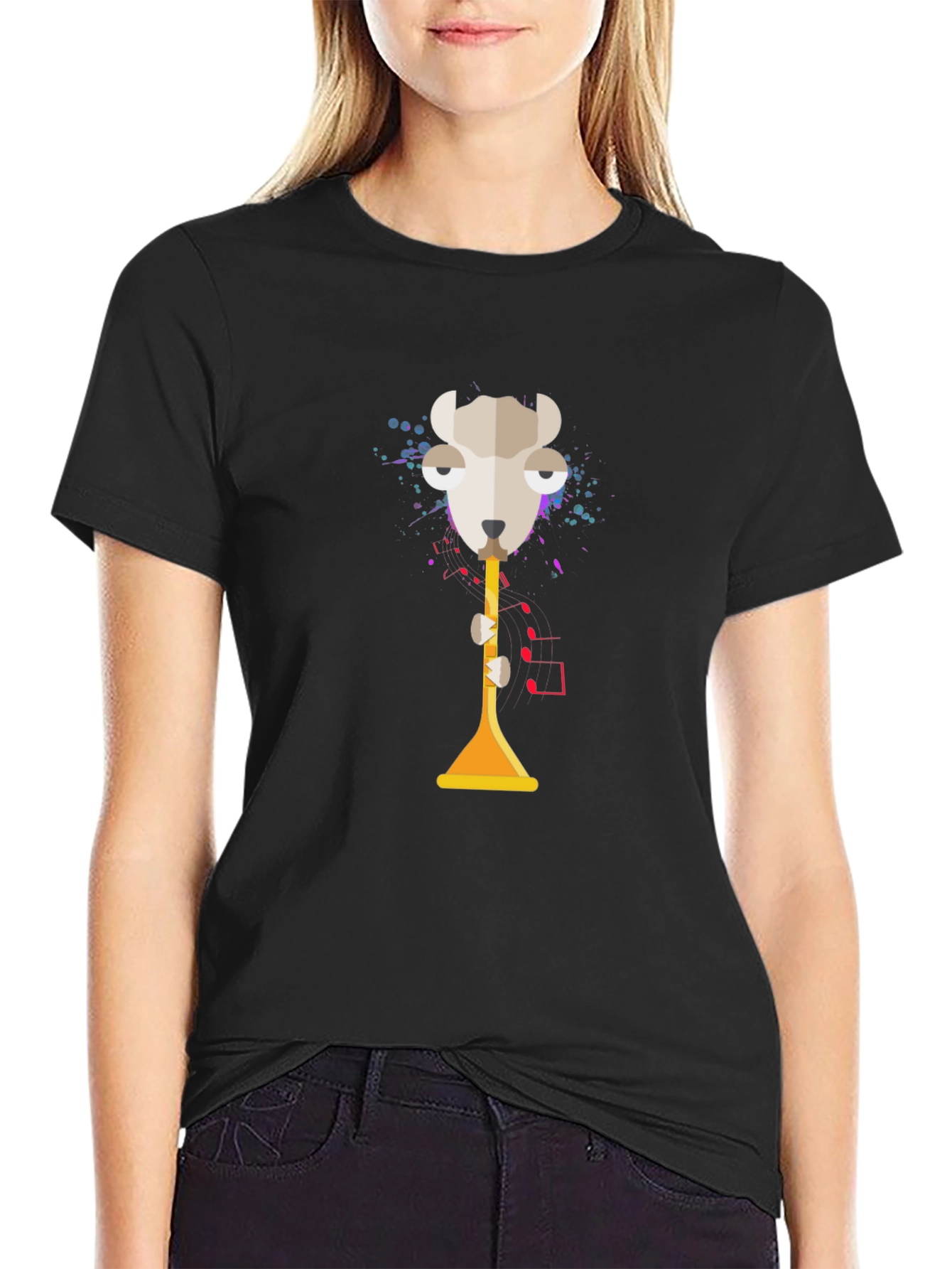 Abstract Goat Trumpet Graphic Tee - Unisex Black T-Shirt
