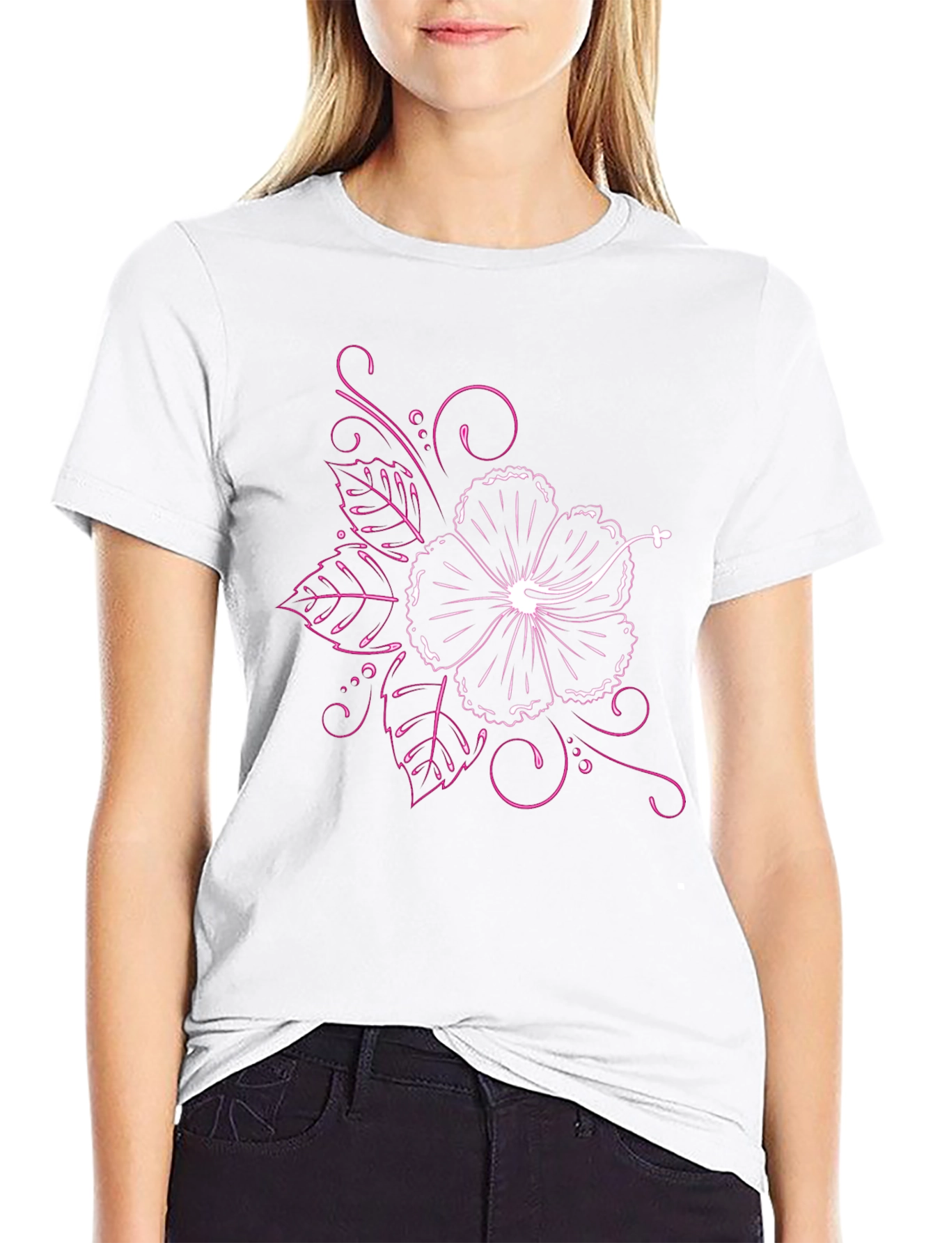 Black T-Shirt with Floral Hibiscus Design