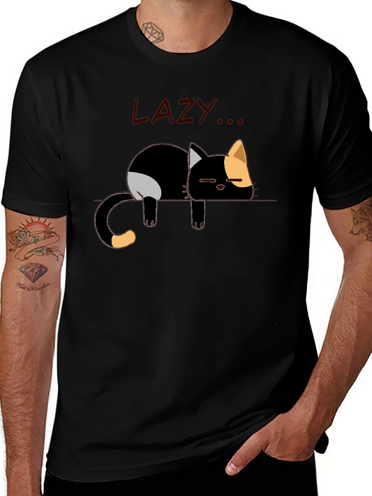 Lazy Cat Graphic Tee - Black Cotton Casual Shirt