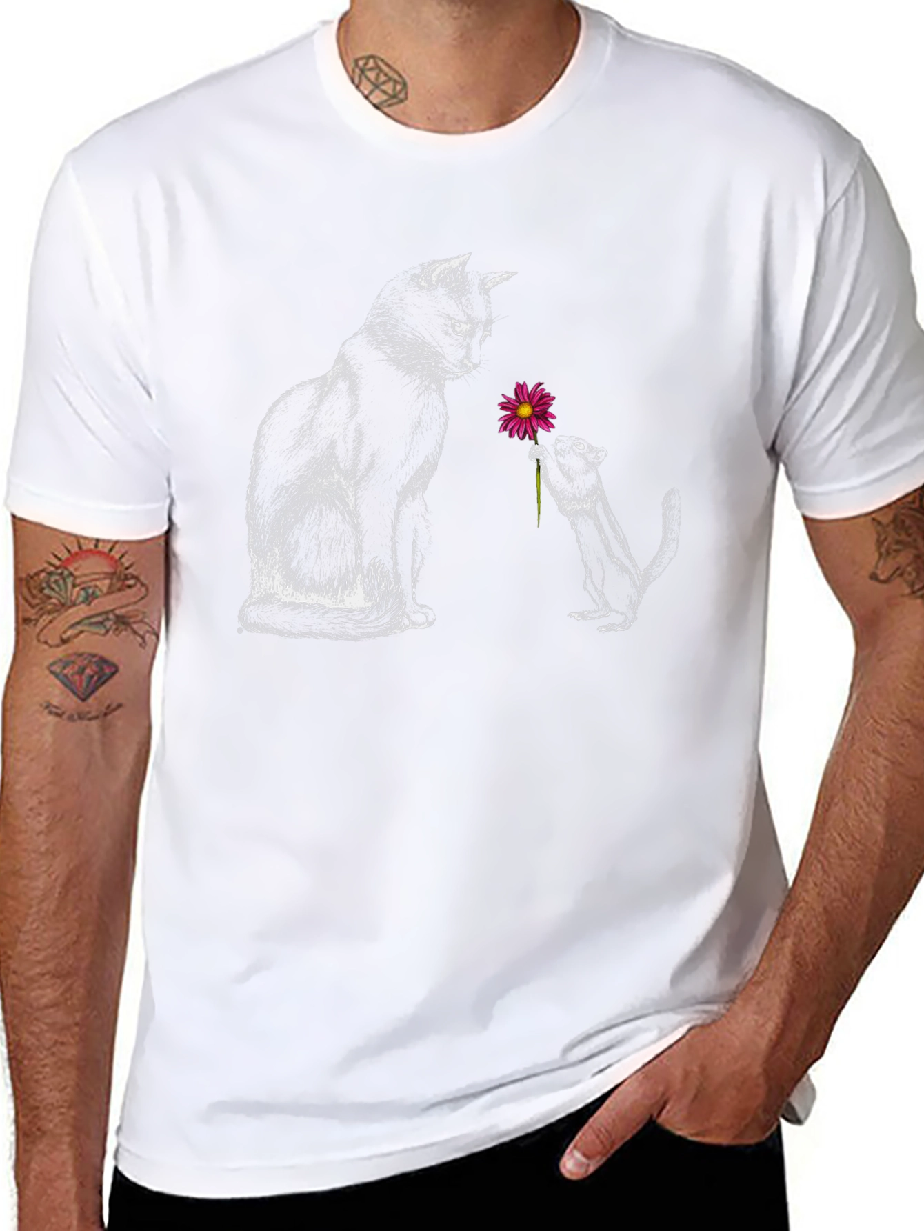 Cat & Squirrel Flower Graphic Tee - Black