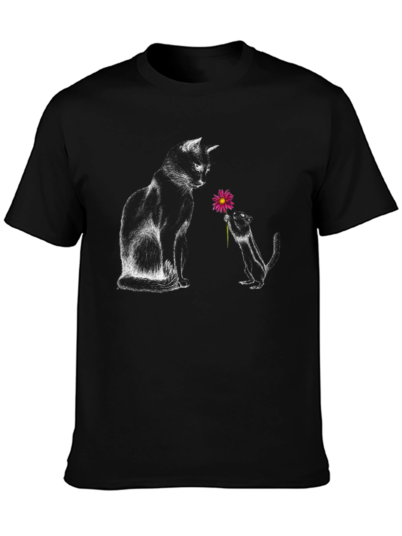 Cat & Squirrel Flower Graphic Tee - Black