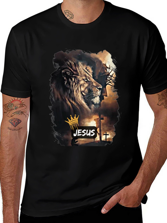 Lion and Jesus Graphic Black T-Shirt