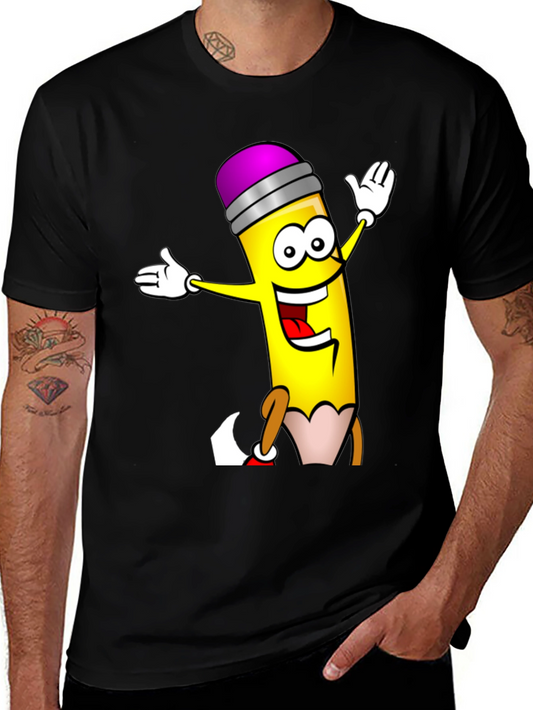 Cartoon Pencil T-Shirt - Black Cotton Graphic Tee