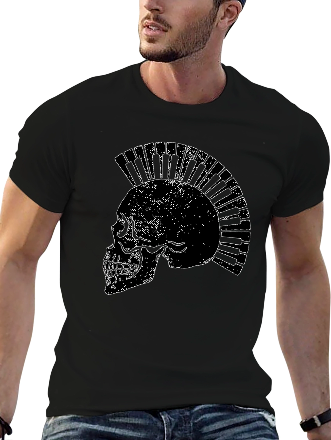 Skull Piano Keys Punk Rock Black T-Shirt