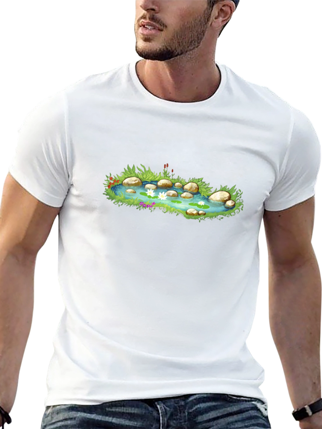 Pond Scene Graphic Tee - Black Cotton Blend T-Shirt