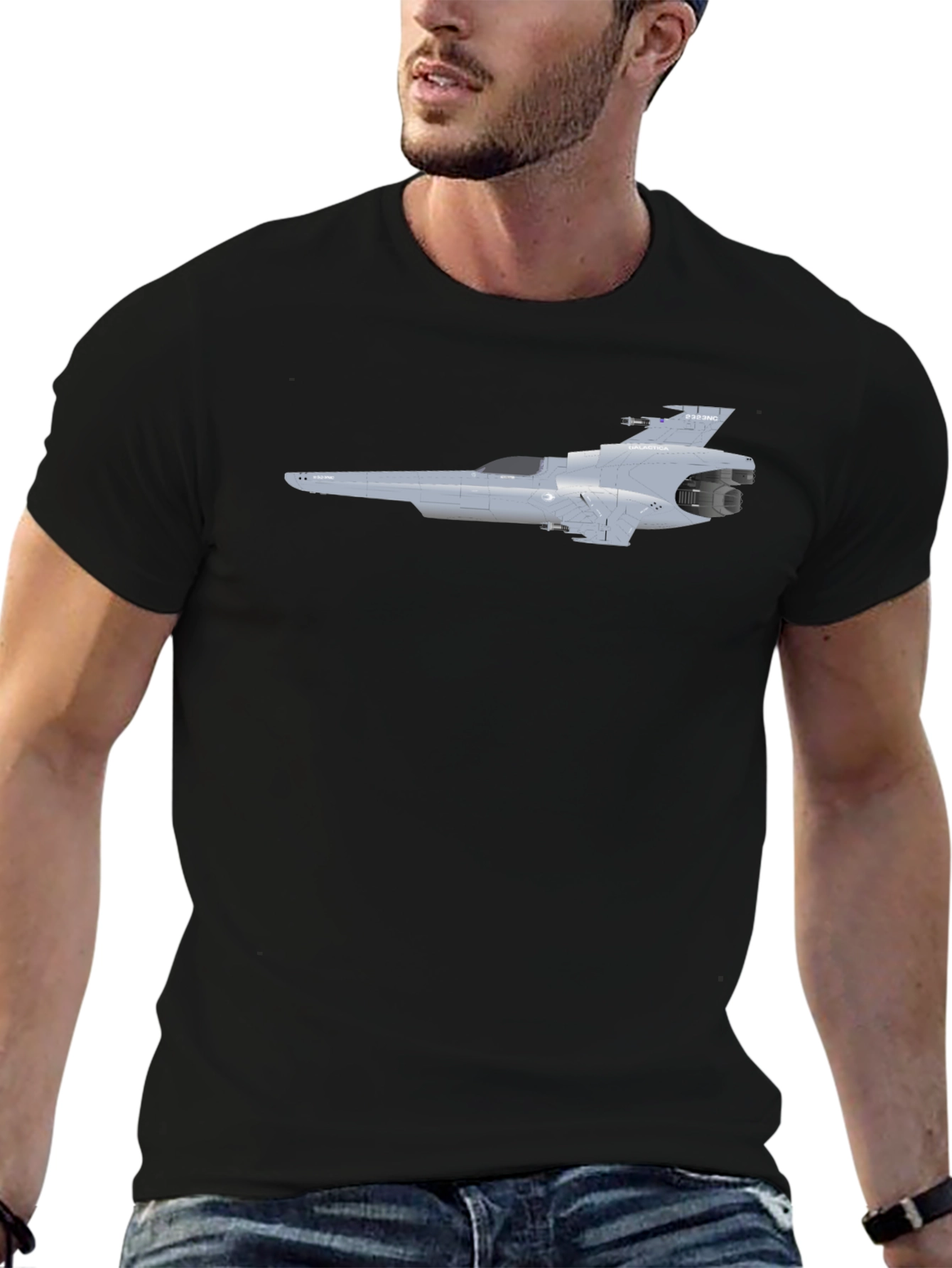 Sci-Fi Spaceship Graphic Tee - Black Cotton T-Shirt