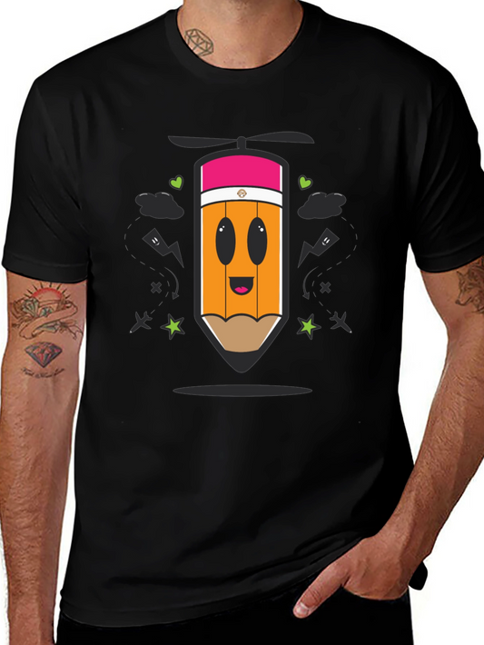 Cartoon Pencil Helicopter Graphic T-Shirt