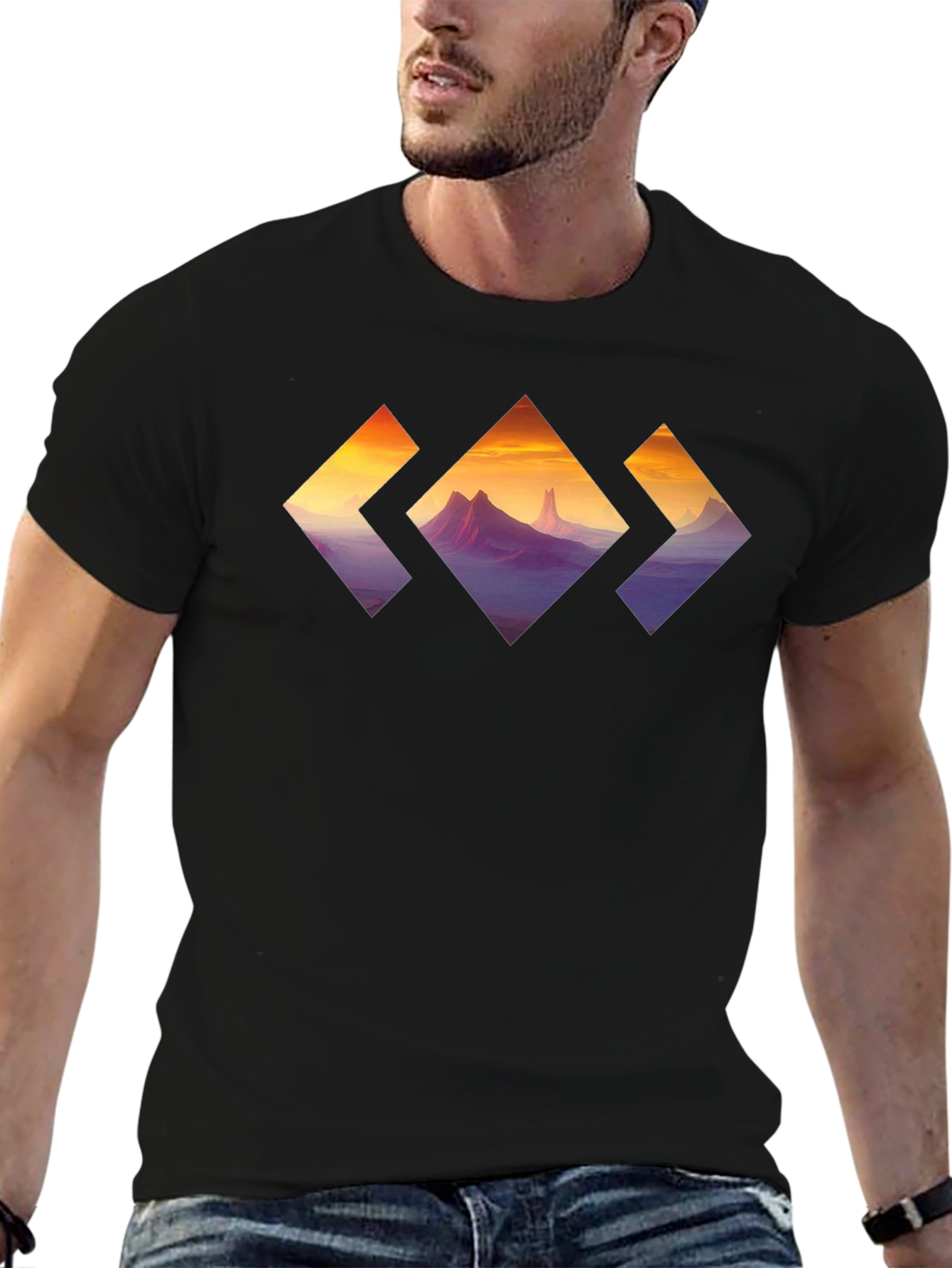 Mountain Sunset Diamond Graphic Tee - Stylish Black T-Shirt