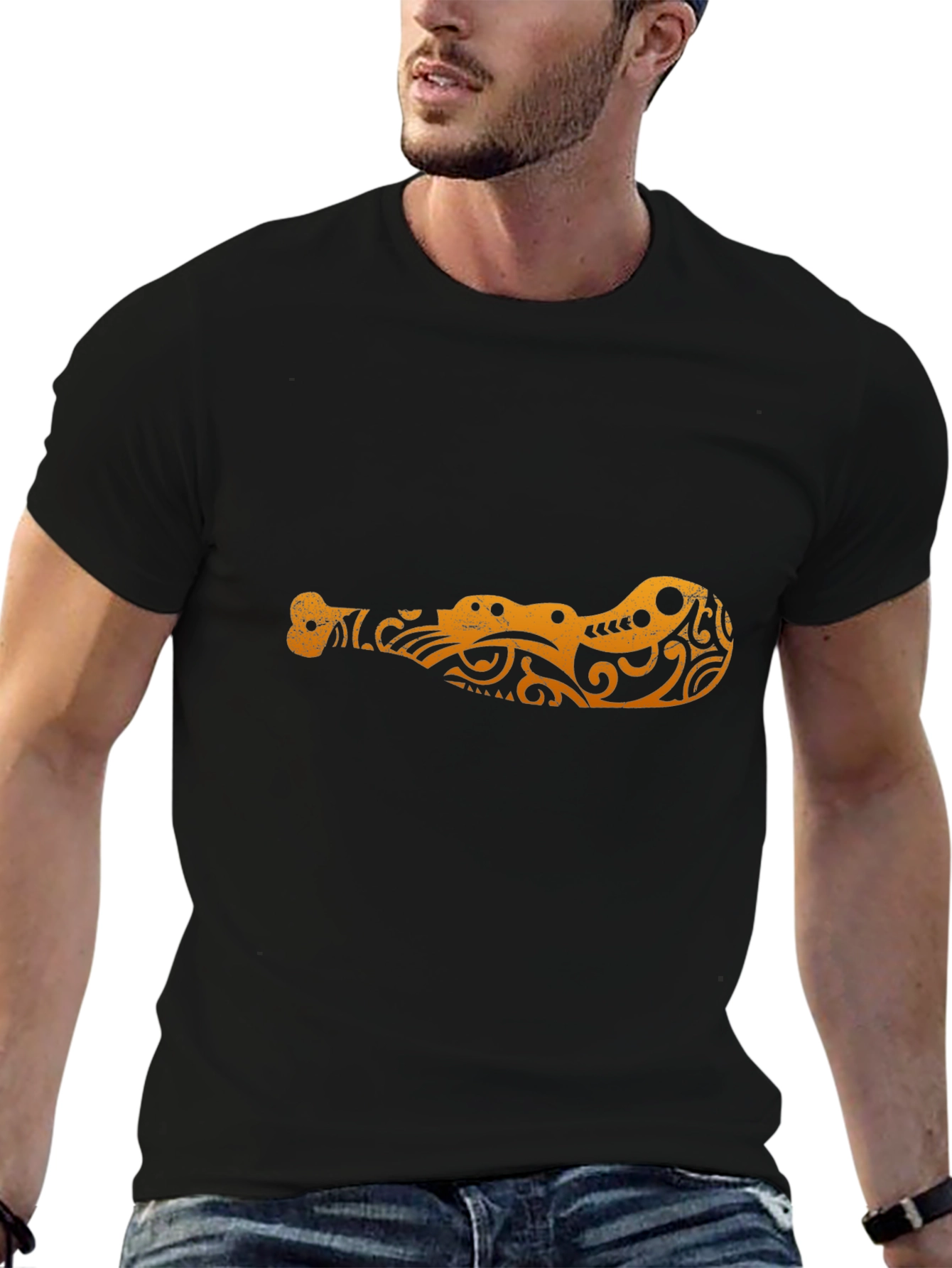 Tribal Crocodile Design Black T-Shirt