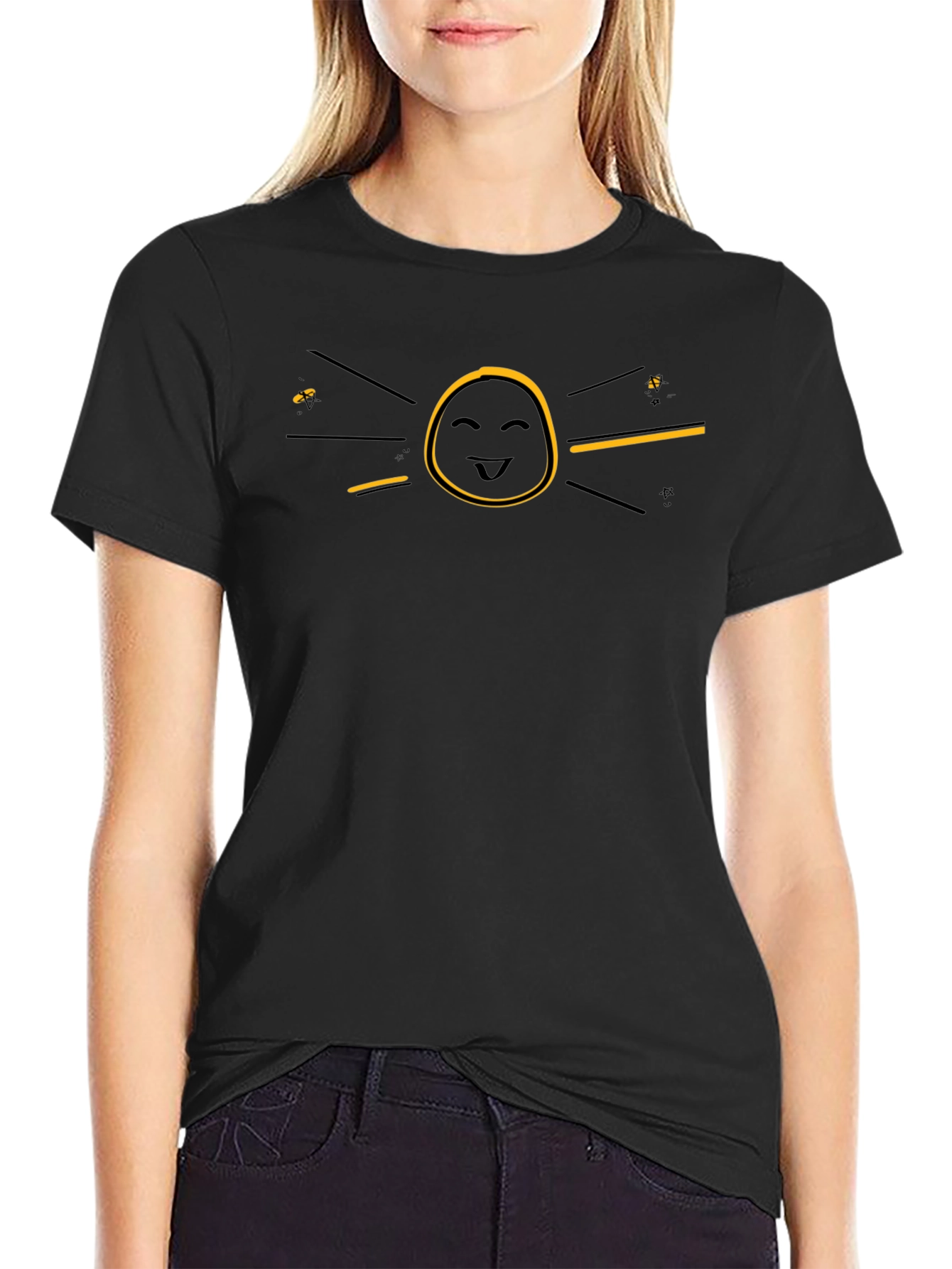 Funny Graphic Black T-Shirt - Smiley Face Sun Design