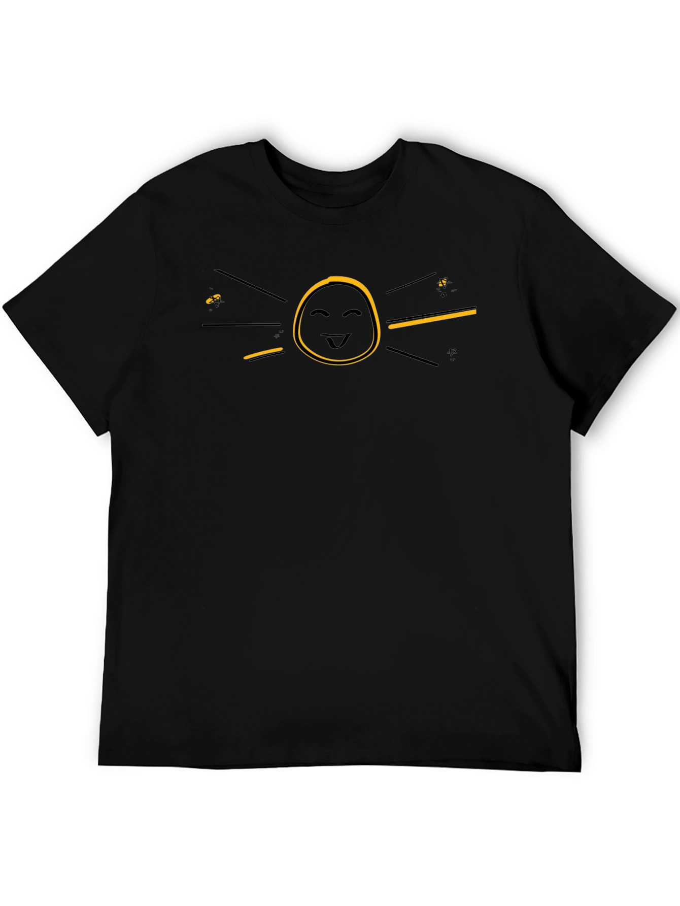 Funny Graphic Black T-Shirt - Smiley Face Sun Design