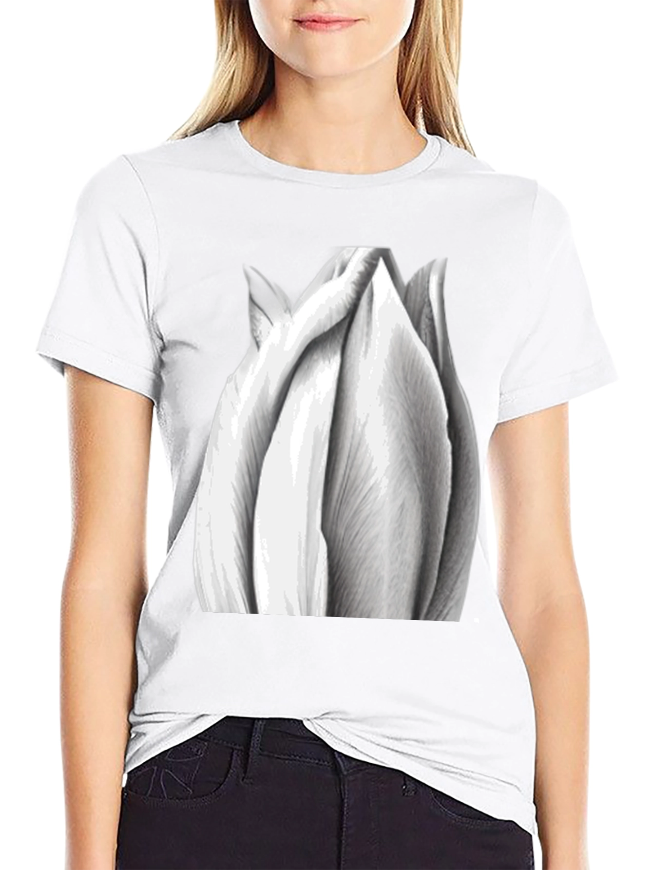 Monochrome Tulip Graphic Tee - Stylish Black T-Shirt