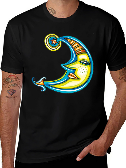 Crescent Moon Face Graphic Tee - Soft Black Cotton T-Shirt