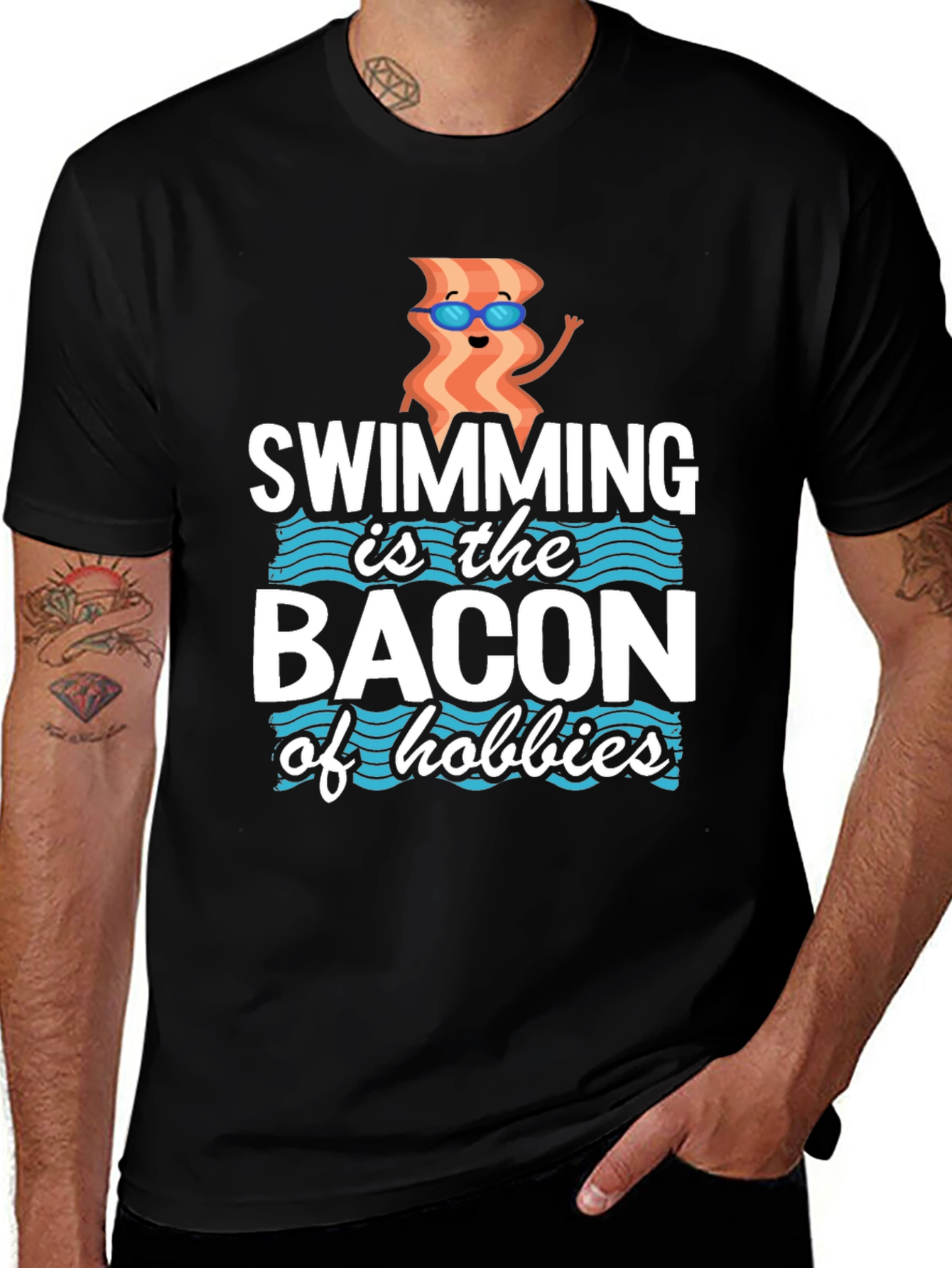 Swimming Bacon Hobbies Graphic Tee - Black