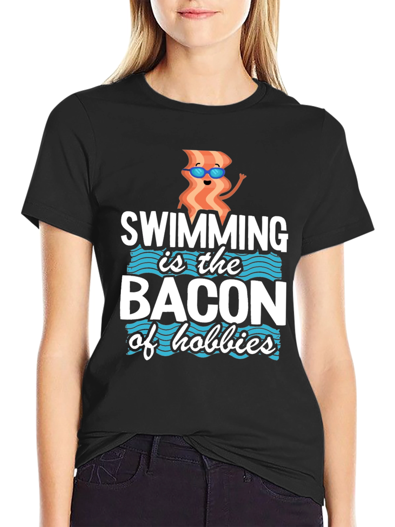 Swimming Bacon Hobbies Graphic Tee - Black