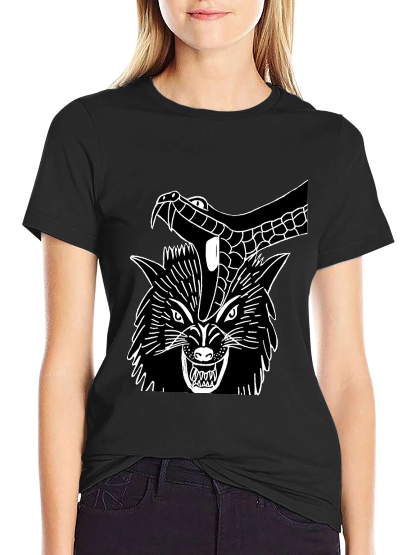 Black T-Shirt Wolf Snake Graphic Tee