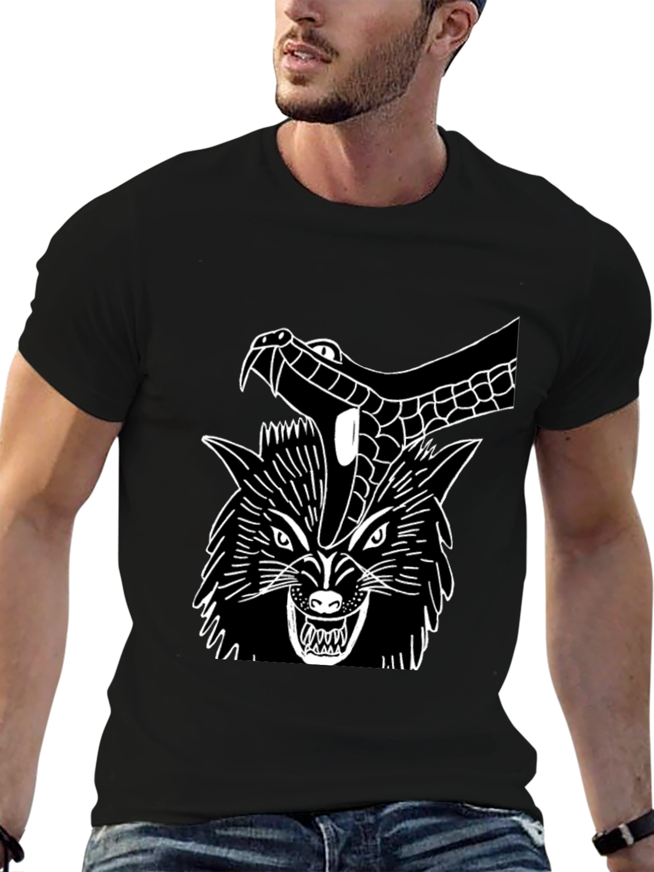 Black T-Shirt Wolf Snake Graphic Tee