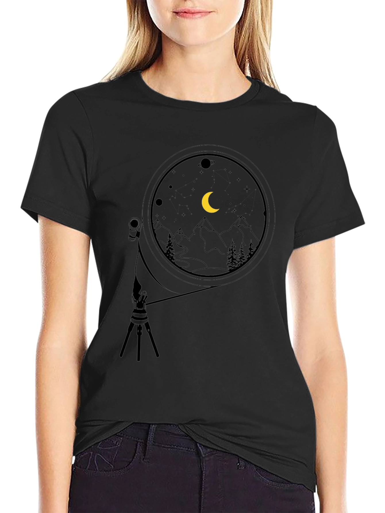 Night Sky Telescope Graphic Tee - Black Cotton