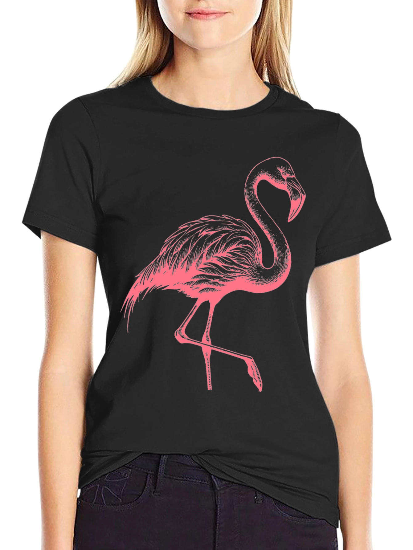 Pink Flamingo Graphic Black T-Shirt
