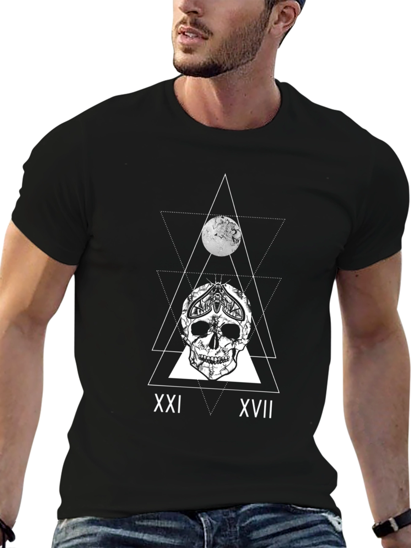 Skull & Moon Graphic Tee - Black Cotton T-Shirt