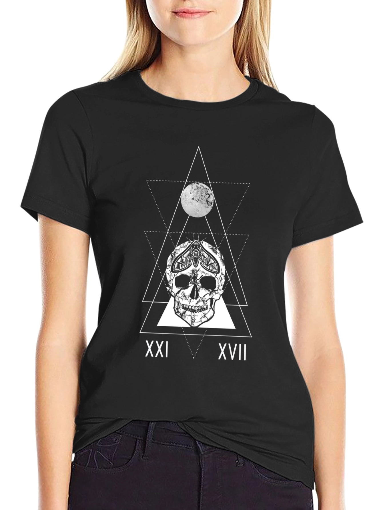 Skull & Moon Graphic Tee - Black Cotton T-Shirt
