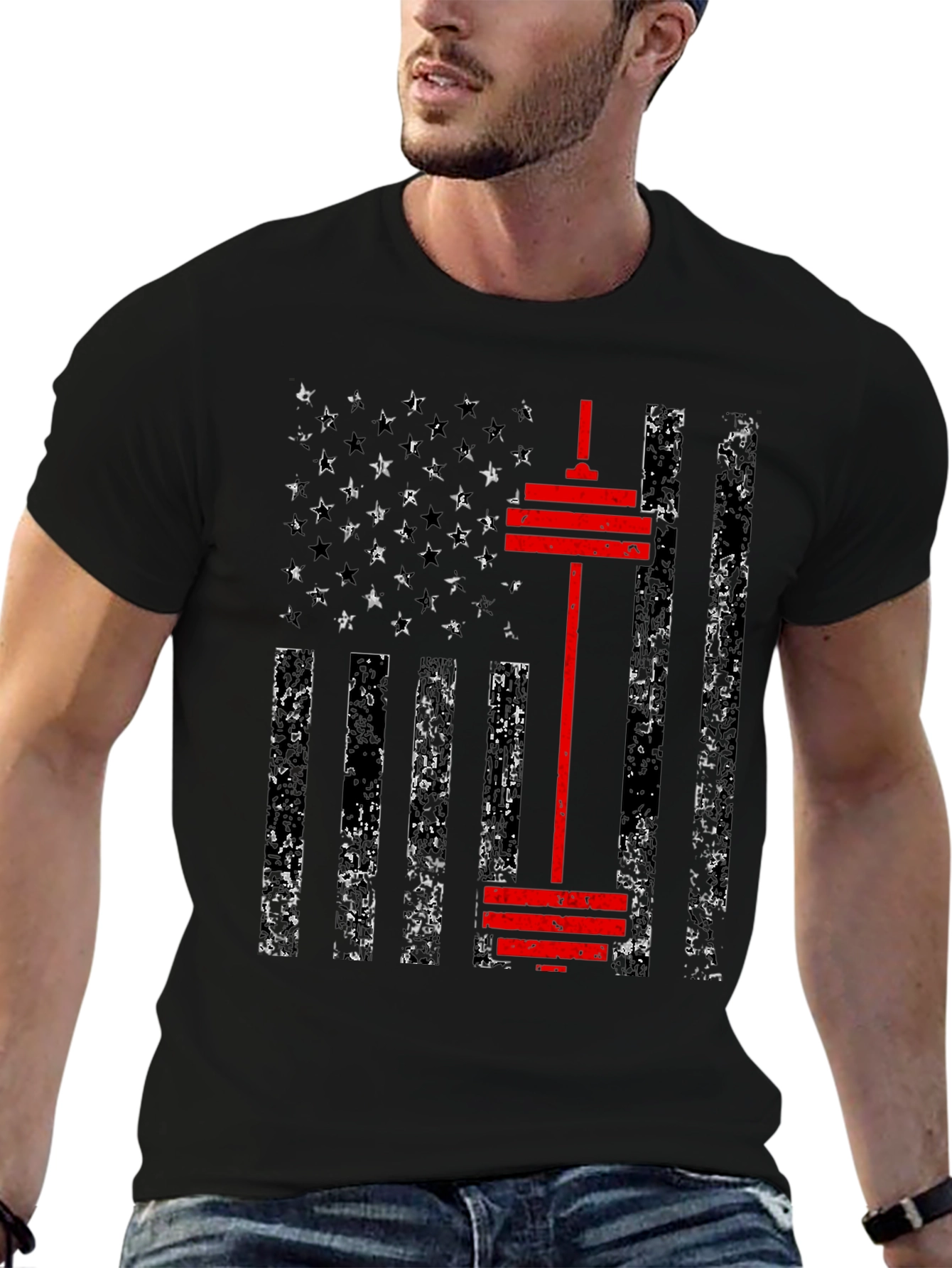 Patriotic Gym T-Shirt - American Flag Barbell Design