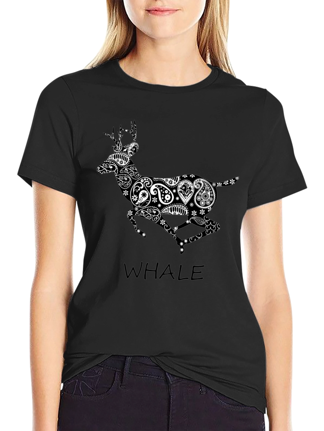 Paisley Deer Graphic Tee - Stylish Black T-Shirt