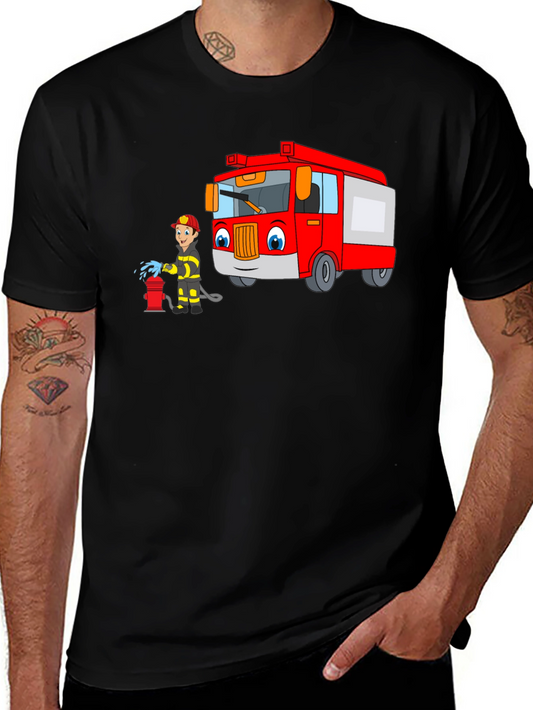 Cartoon Fire Truck & Fireman T-Shirt
