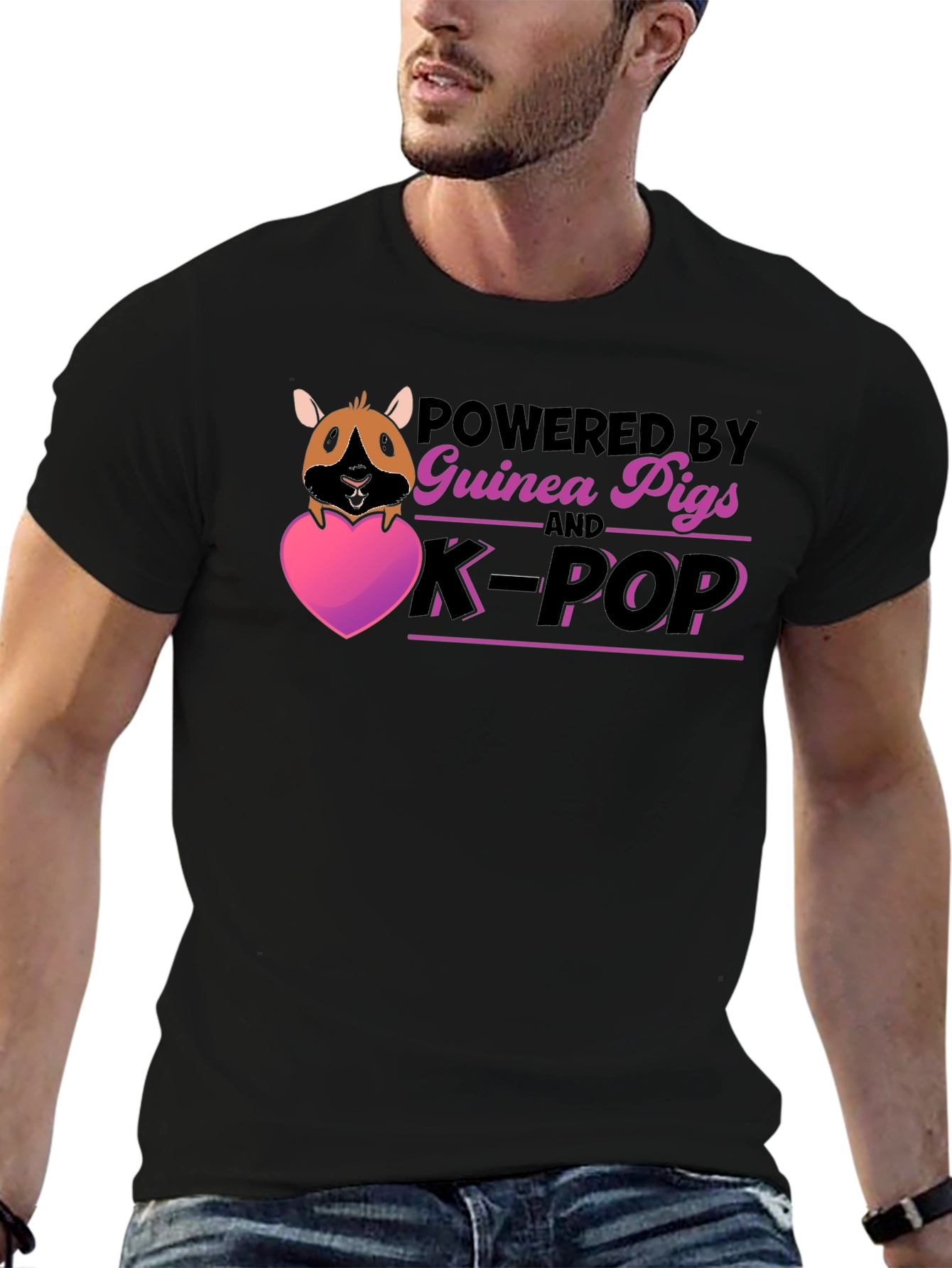 Guinea Pig & K-Pop Powered Black T-Shirt