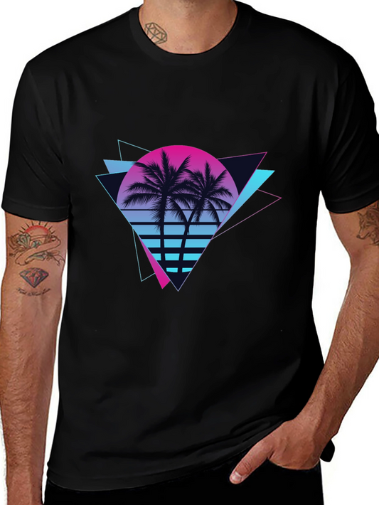 Retro Sunset Palm Tree Black T-Shirt