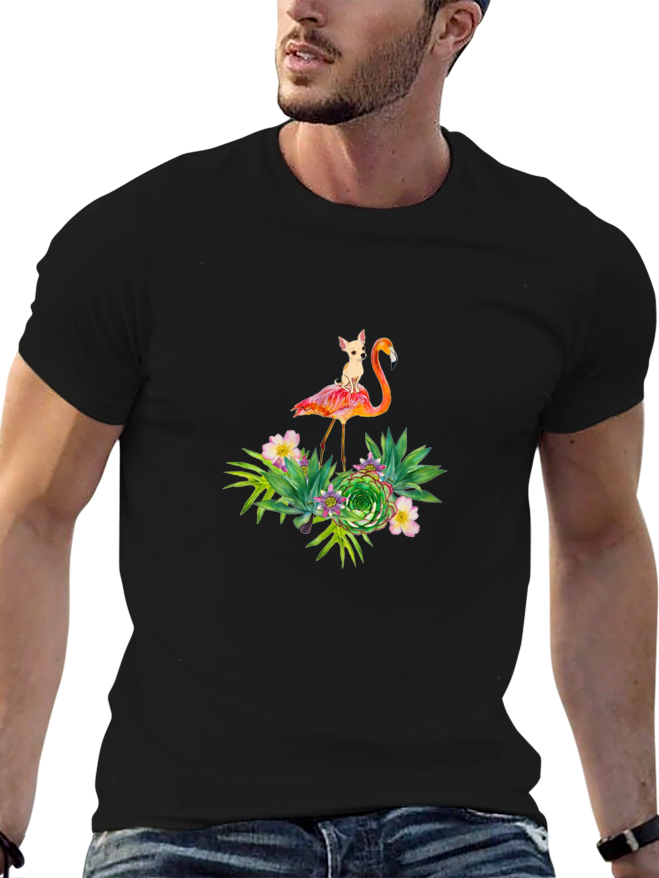 Flamingo Dog Graphic Black T-Shirt