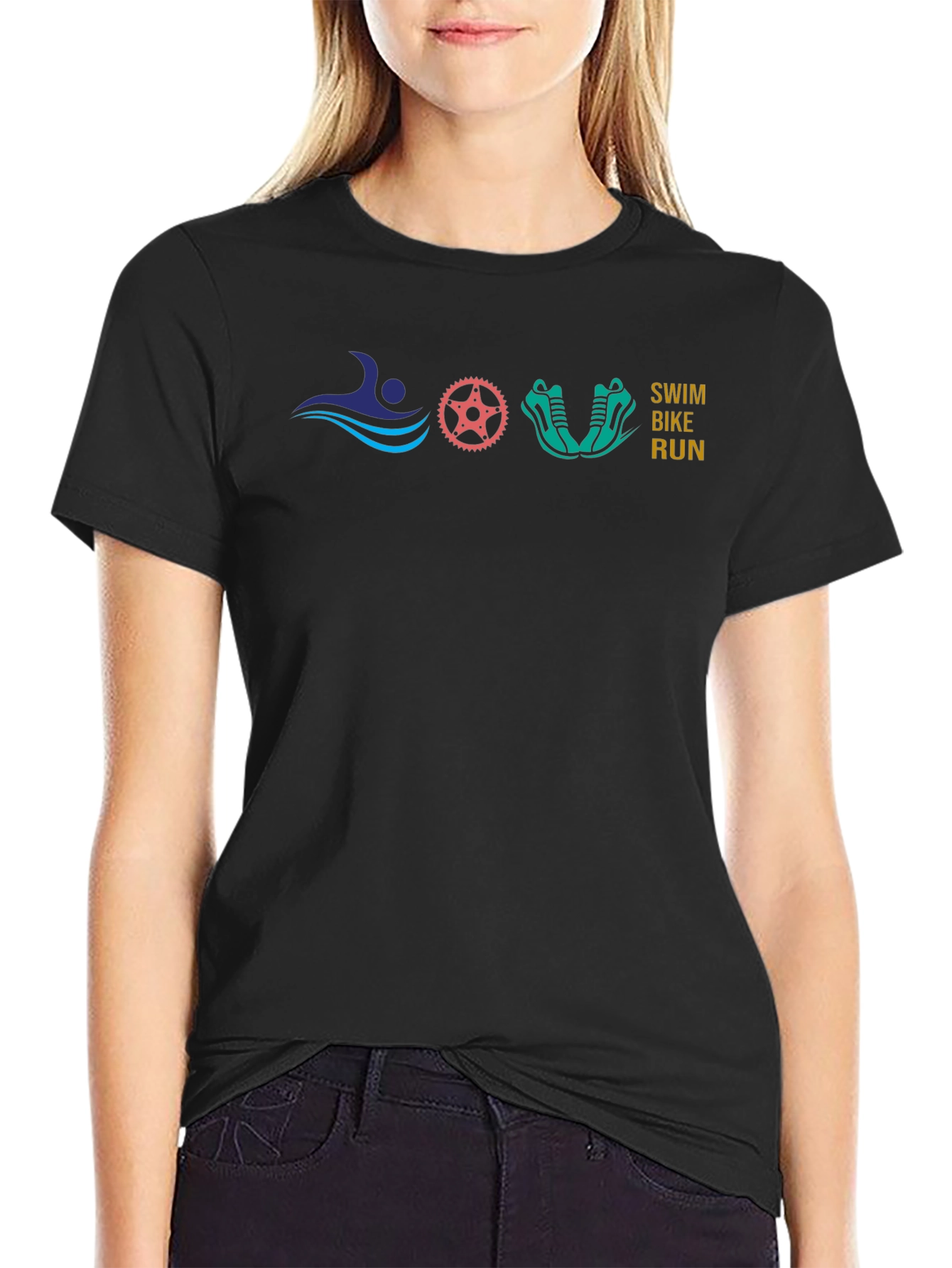 Swim Bike Run Black T-Shirt Triathlon Design
