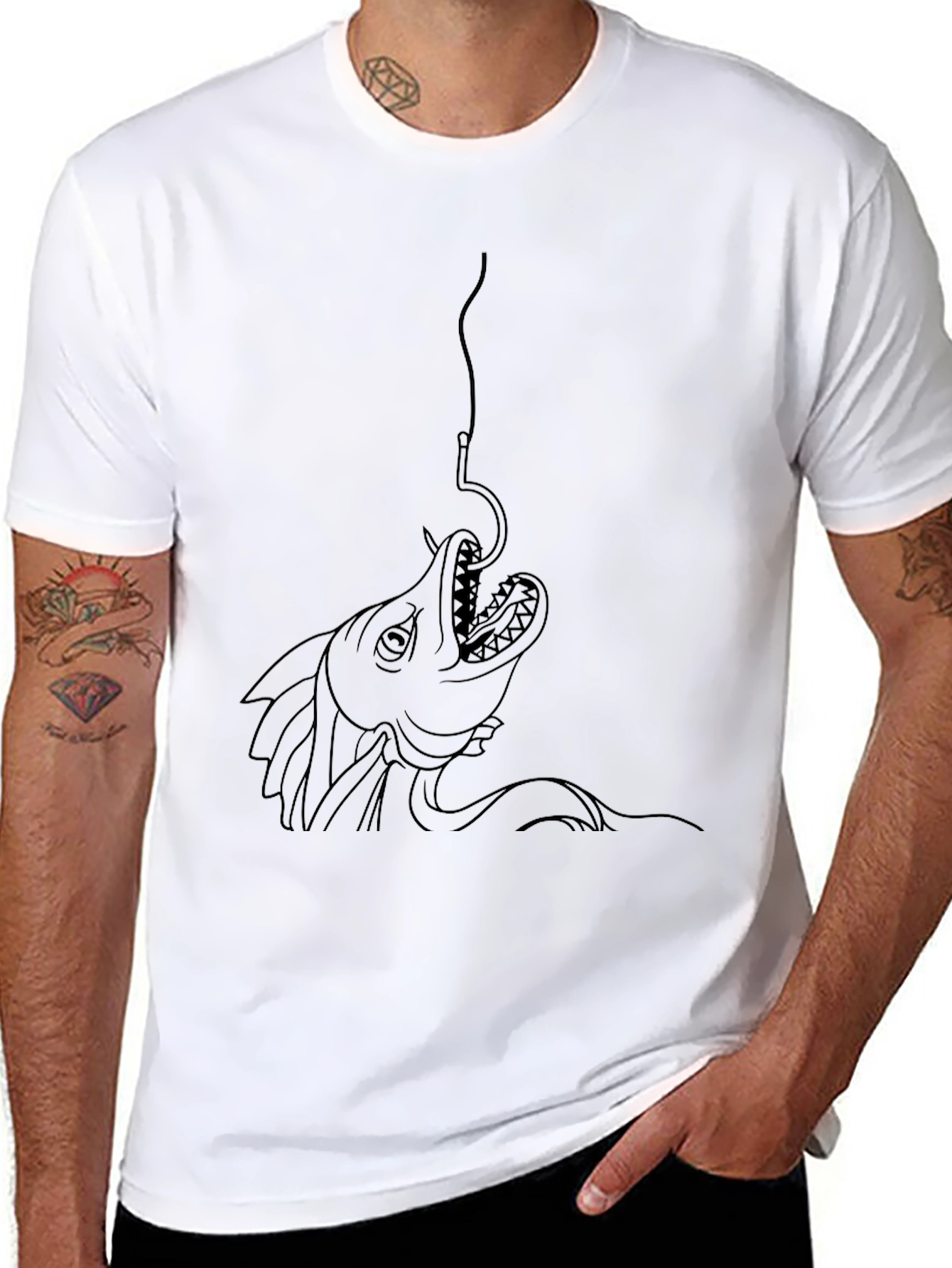 Black T-Shirt with Fish Hook Graphic Print