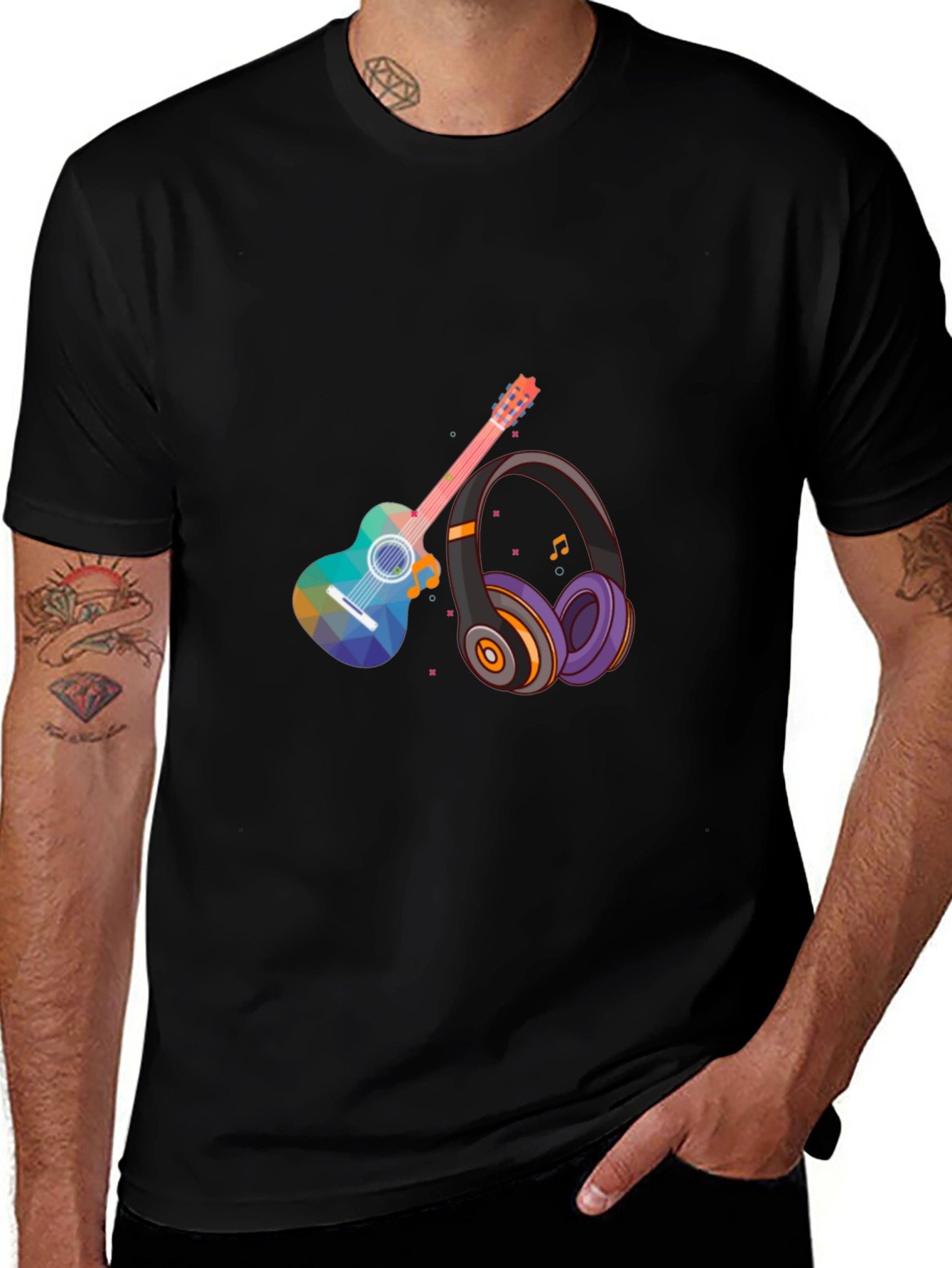Music Lovers Tee: Geometric Guitar & Headphones Design