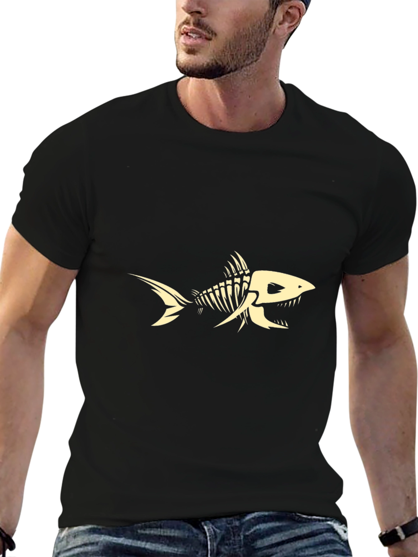Skeleton Fish Graphic Tee - Black Cotton