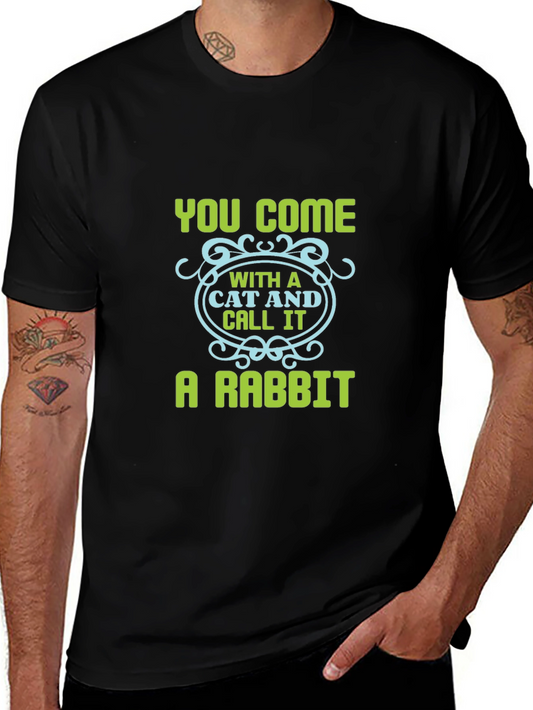 Humorous Cat & Rabbit Graphic Black Tee