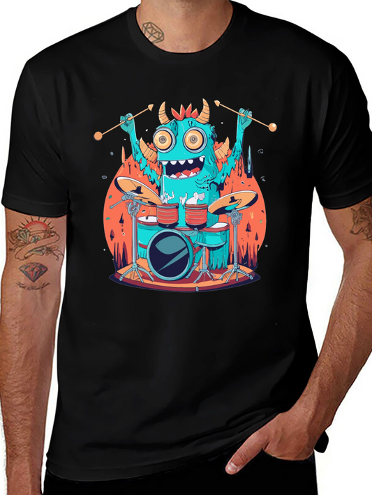 Monster Drummer Graphic Tee - Black Cotton T-Shirt