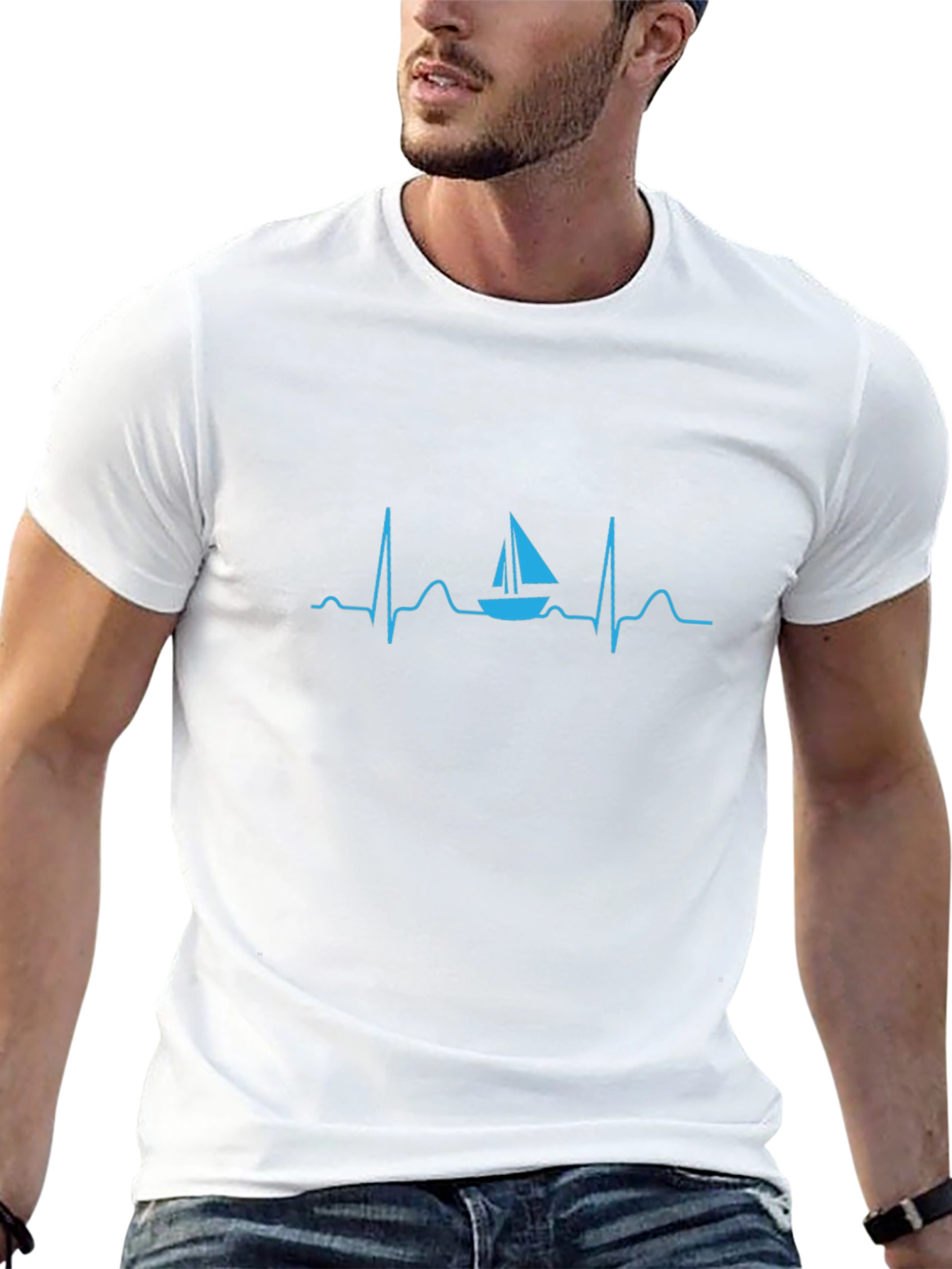 Sailboat Heartbeat Graphic Tee - Black Cotton T-Shirt