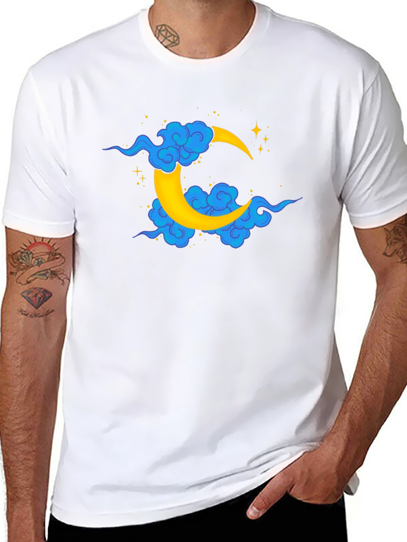 Black T-Shirt with Crescent Moon and Clouds Design