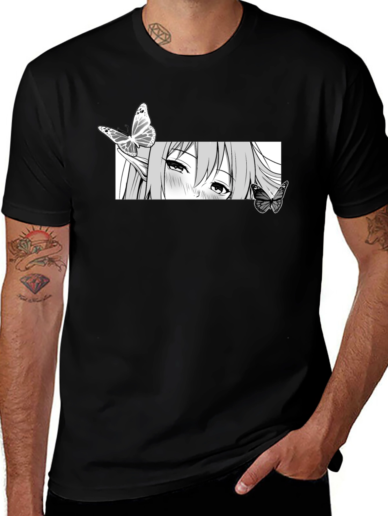 Anime Girl Butterfly Graphic Tee - Black