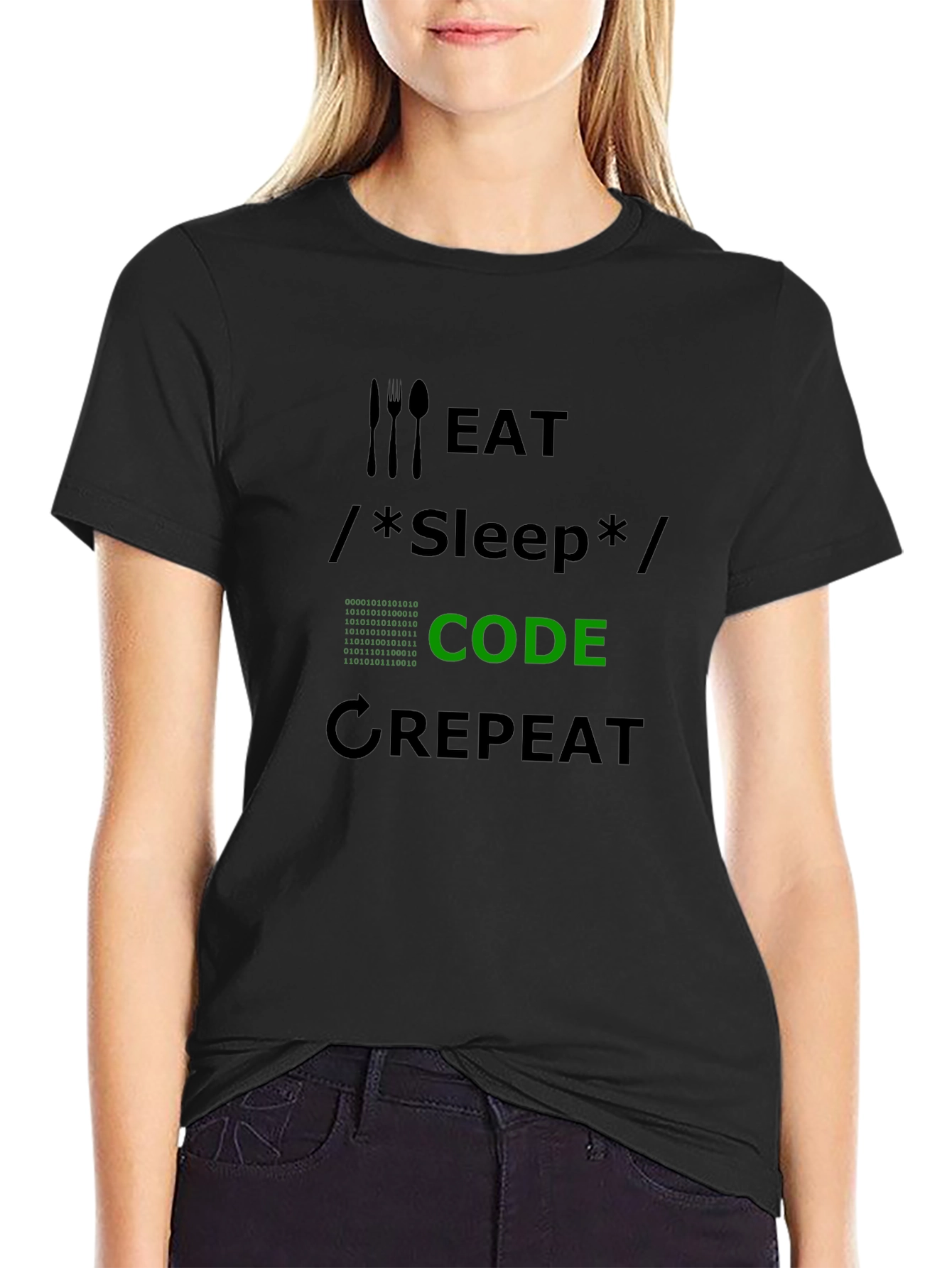 Eat Sleep Code Repeat Black T-Shirt Coder Programmer Tee