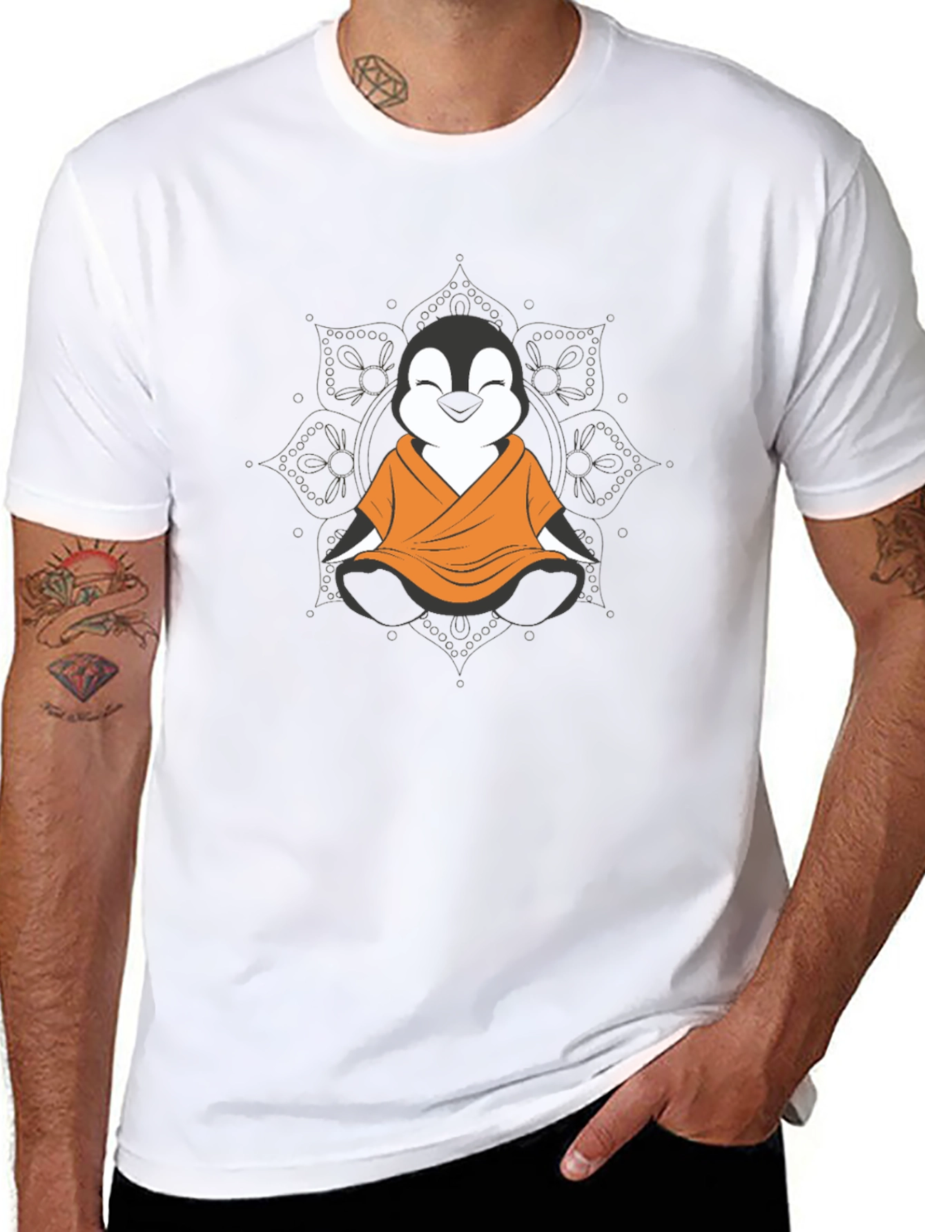 Zen Penguin T-Shirt - Meditating Monk Design