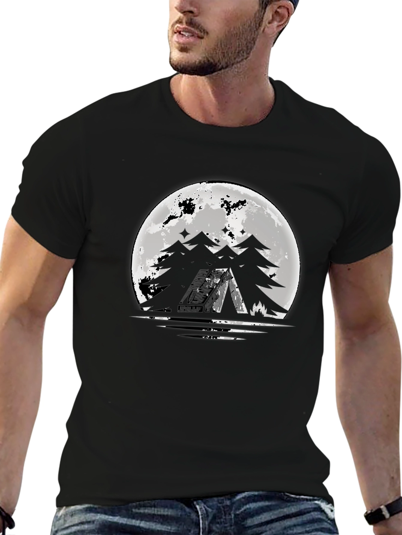 Moonlit Camping Graphic Tee - Black Cotton T-Shirt