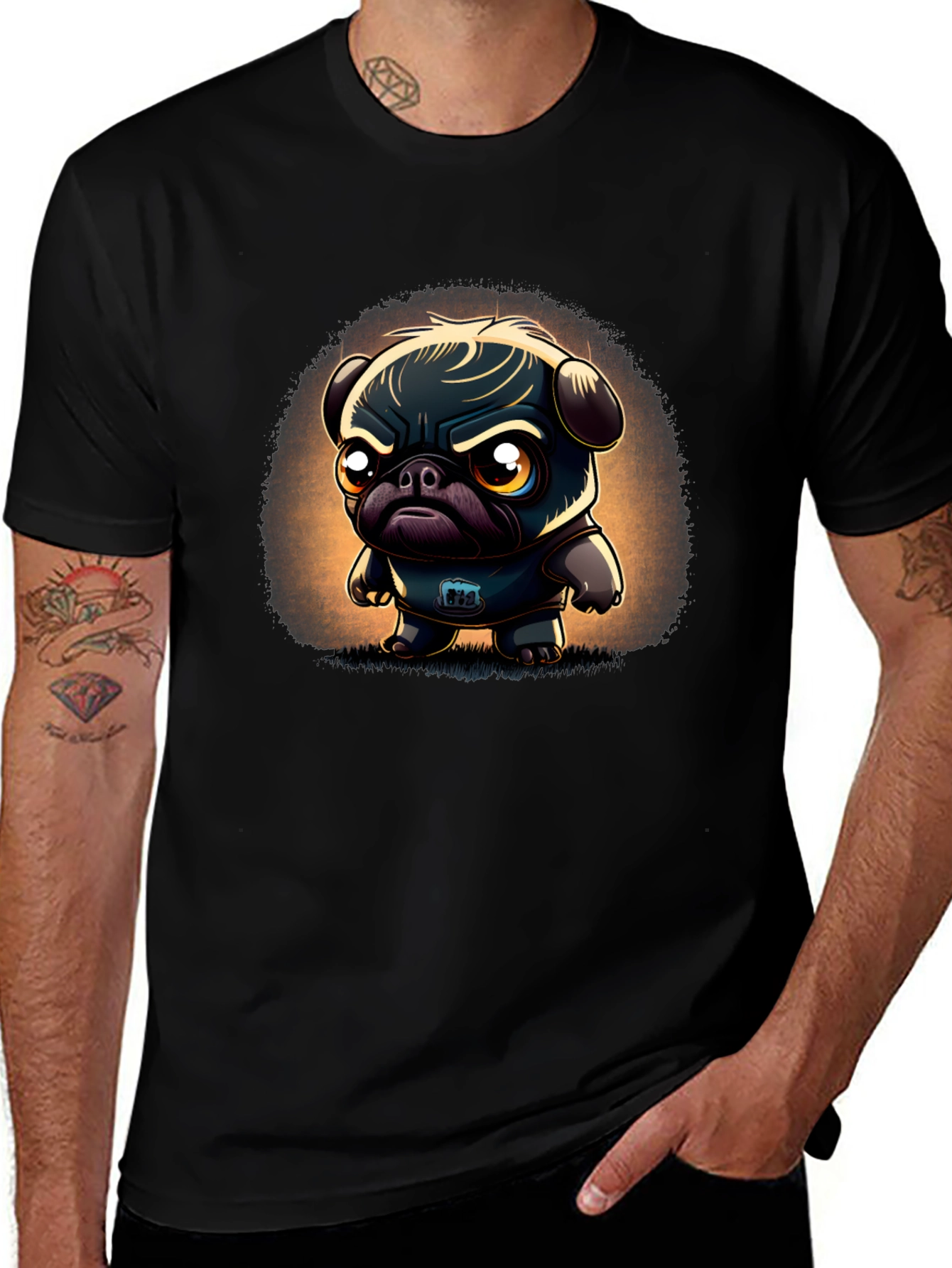 Grumpy Pug Cartoon Black T-Shirt