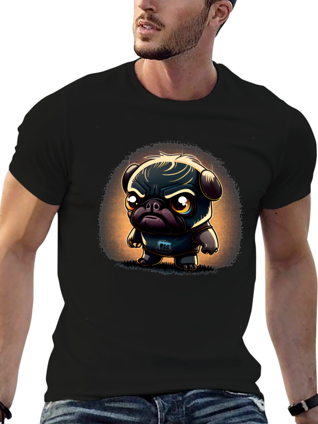 Grumpy Pug Cartoon Black T-Shirt