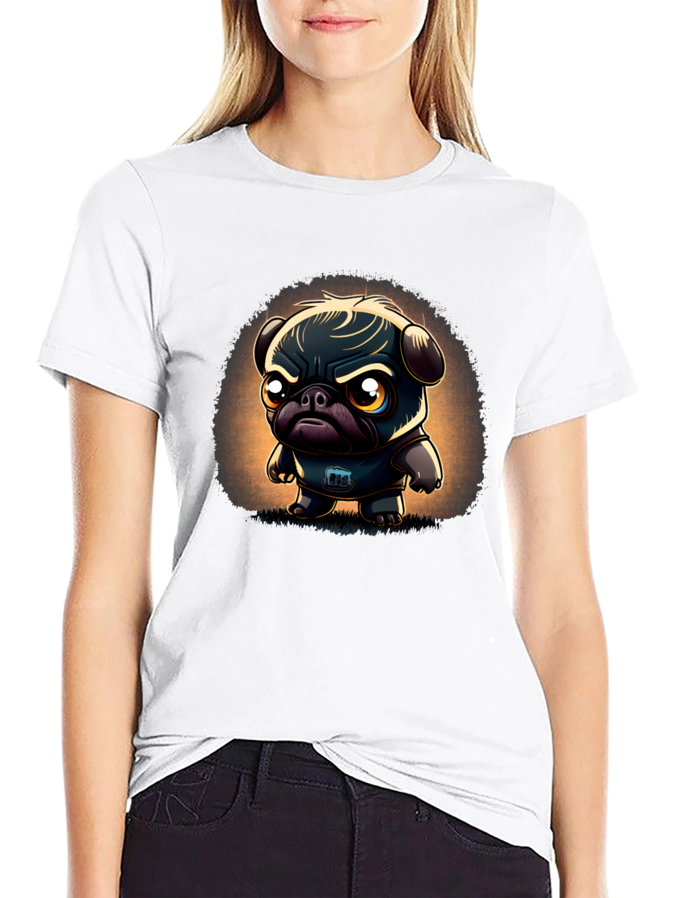 Grumpy Pug Cartoon Black T-Shirt