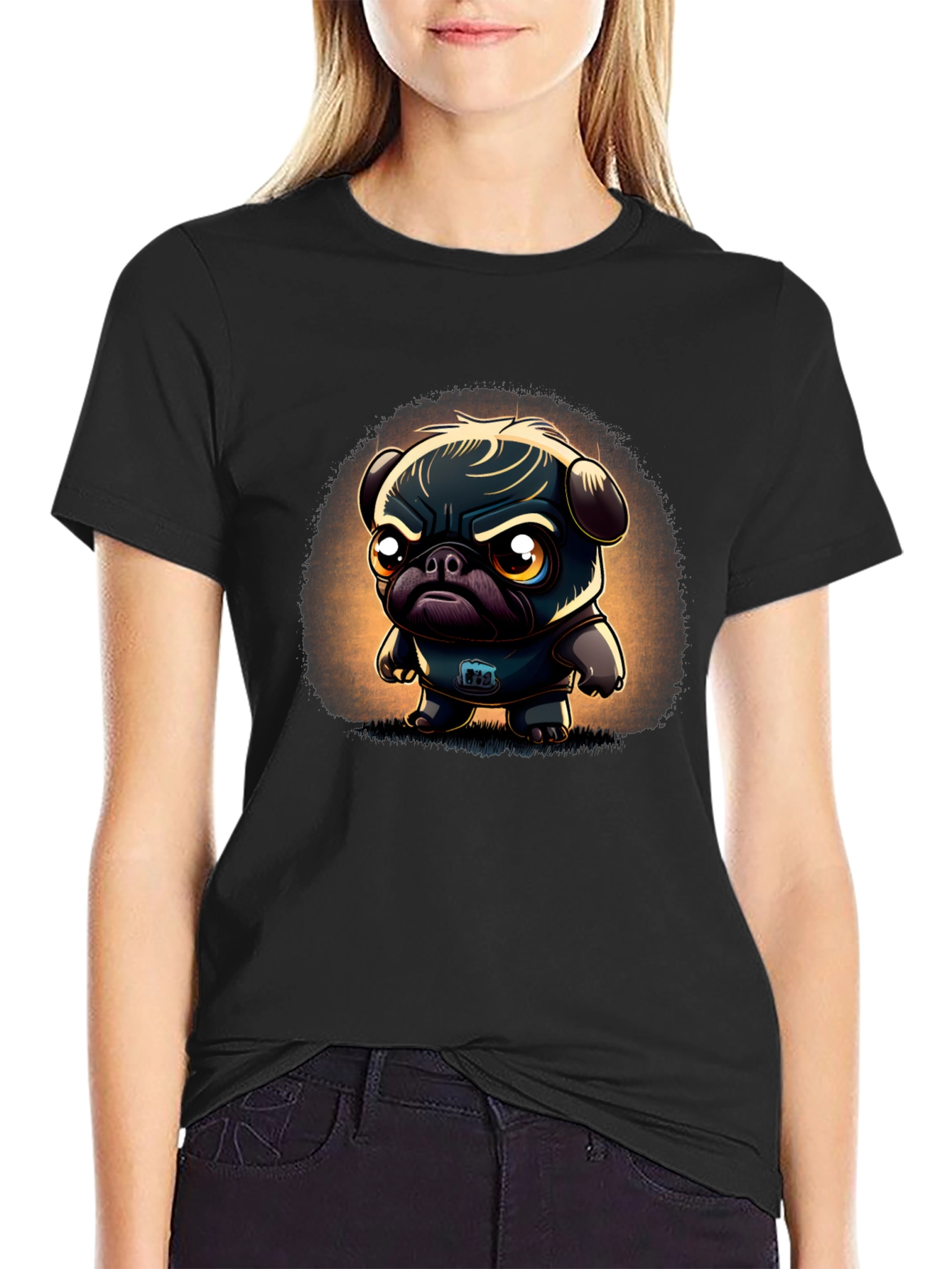 Grumpy Pug Cartoon Black T-Shirt