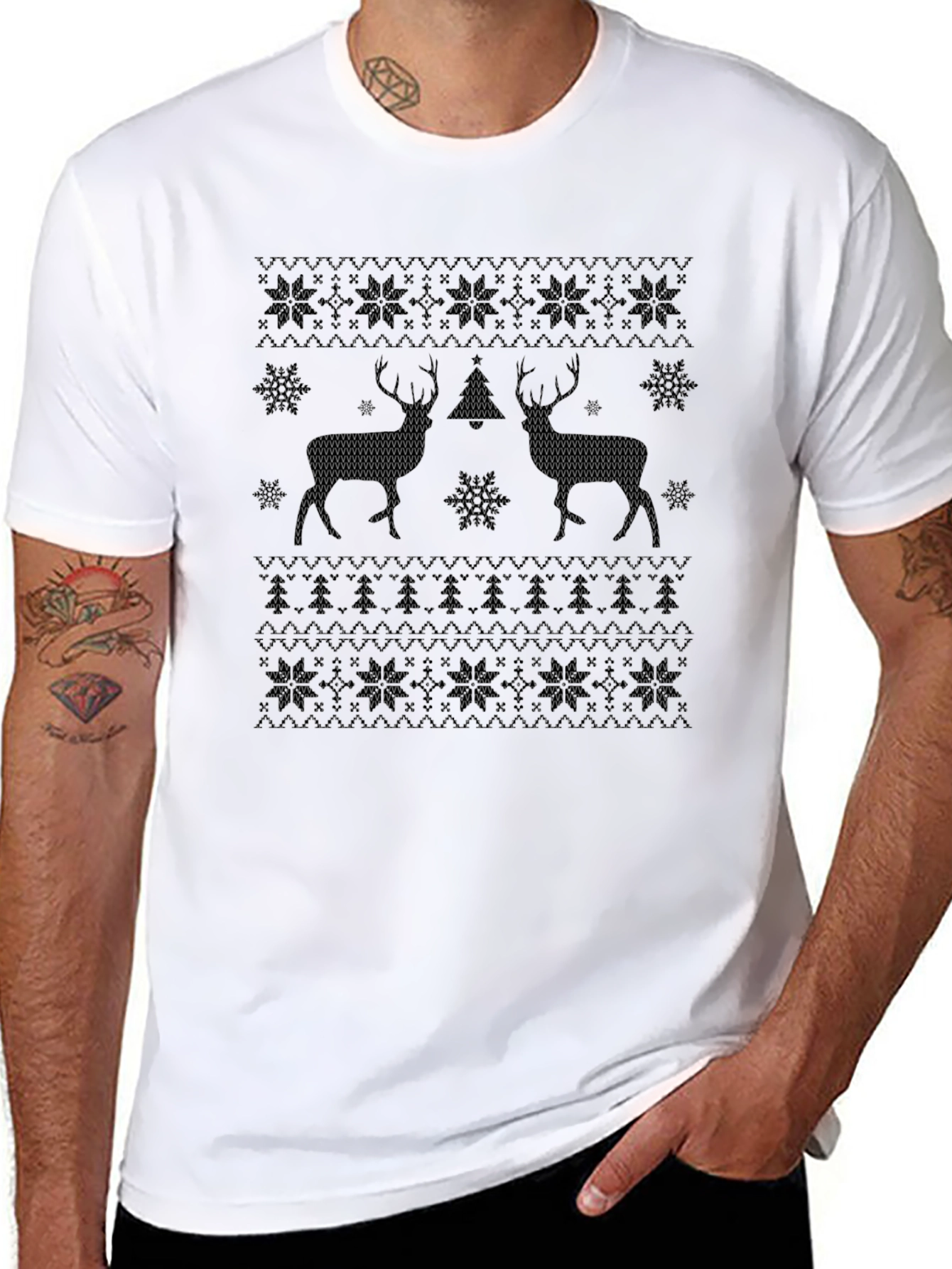 Christmas Deer Pattern Black T-Shirt