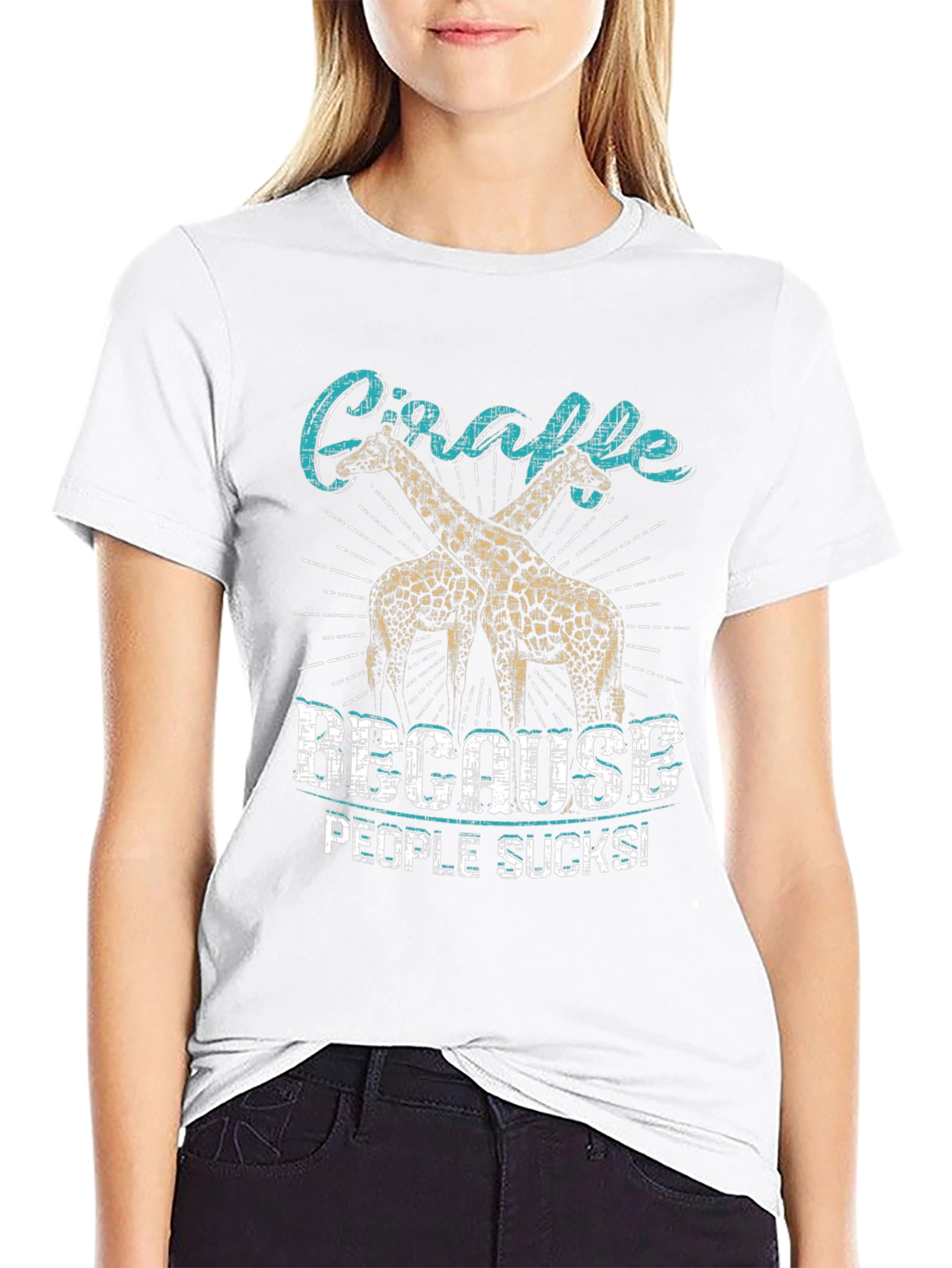 Giraffe Because People Suck Black Graphic T-Shirt