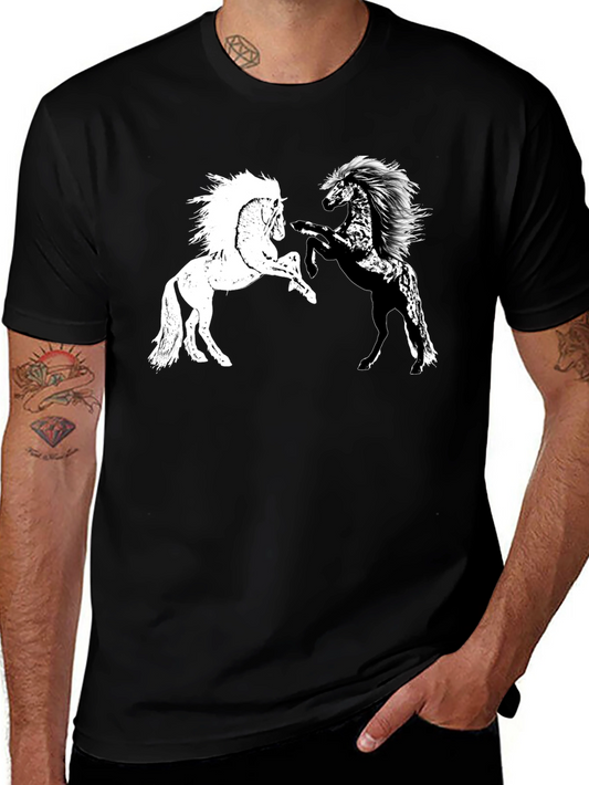 Yin Yang Horses Graphic Tee - Black Cotton T-Shirt
